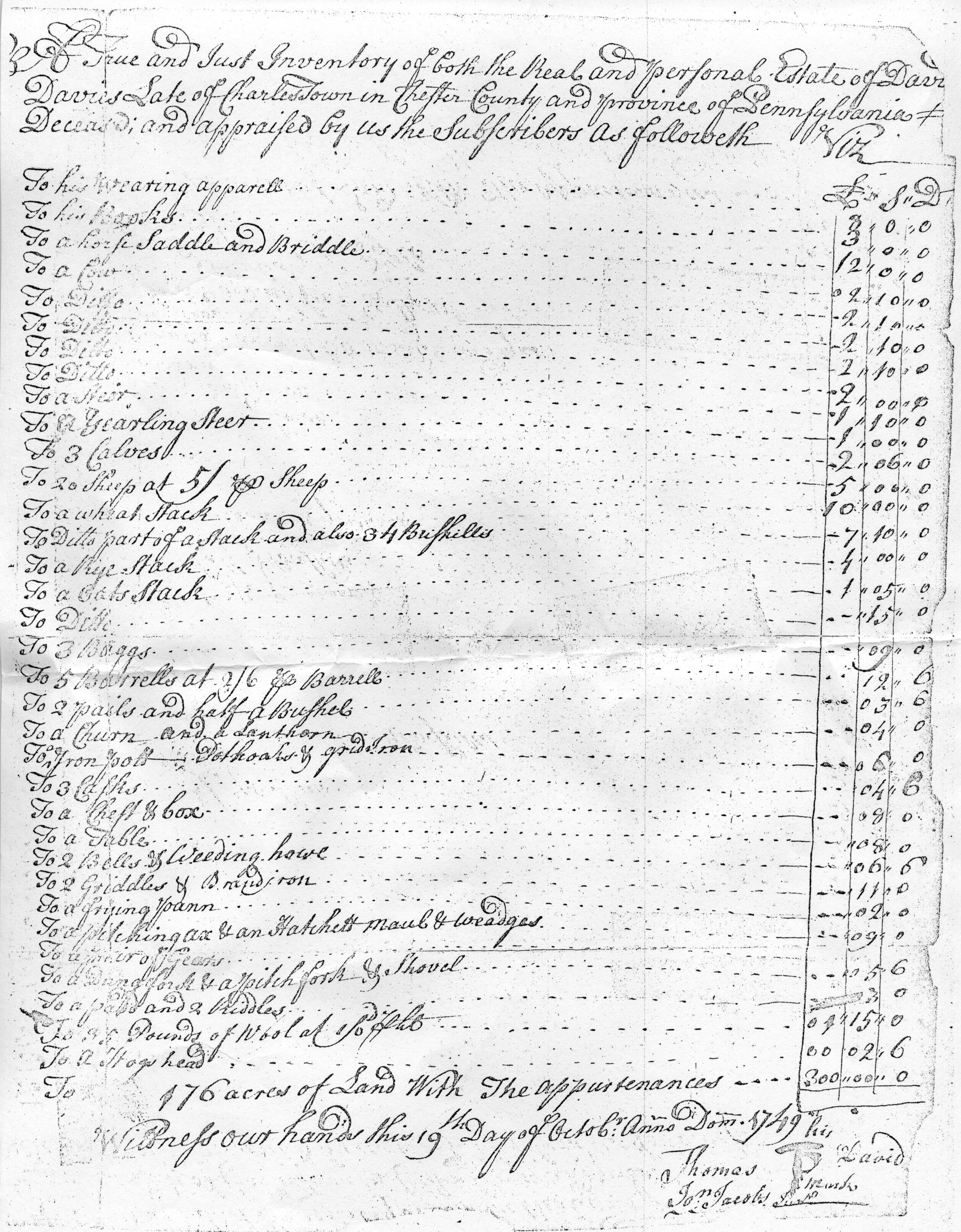 David Davies 1749 inventory